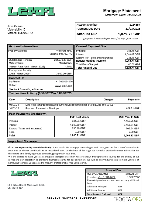 Relevé hypothécaire britannique Lemfi aux formats Word et PDF
